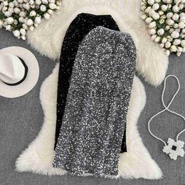 Skirts Korean Fashion Midi Skirt Woman High Waist Side Slit Sequined Party Pencil Skirts Female Casual Mid Length Jupe Dropshipping J230621