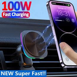 100W RGB LED Light Magnetic Car Wireless Charger Air Vent Phone Holder For iphone 14 13 12 Pro Max Macsafe Fast Charging Station