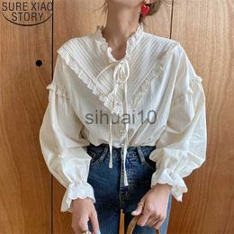 Women's Blouses Shirts 2023 Women Hollow Out Vintage Casual Elegant Tops Women Shirts Solid Long Sleeve Korean Style Bow Loose Blouses New Blusas 9580 J230621