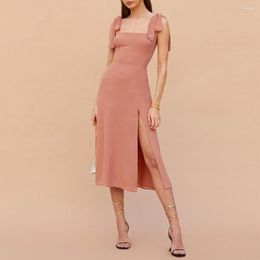 Casual Dresses Square Neck Elegant Vintage Dress Summer Women Sleeveless Tie Strap Back Smocked Side Slit Sexy Midi Evening Party