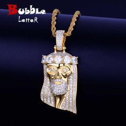 Pendant Necklaces Iced Religious Jesus Head Pendant Necklace Gold Colour Bling Cubic Zircon Men's Hip Hop Jewellery For Gift 230620