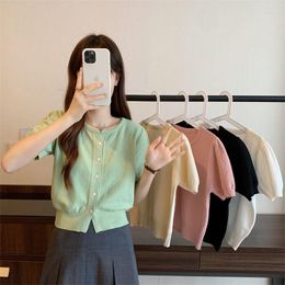 Women's T Shirts Women Short Sleeve Cardigan Slim Skinny O-neck Tee Shirt Female Sexy Tops Single Breasted All-match Knitted Vintage Crop