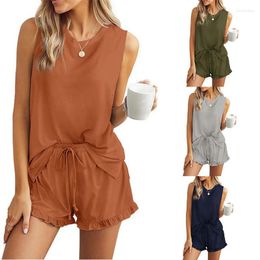 Women's Sleepwear Summer Sleeveless Vest Shorts Womens Loungewear Set Solid Soft Tops Drawstring 2 Piece Casual Homewear Suit Female