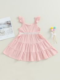 Girl Dresses Kids Toddler Summer Dress Cute Sleeve Solid Colour Tiered Princess Swing A-Line (Pink 7-8 Years)