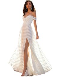 white Long Evening Dresses Wear Illusion Crystal Beading High Side Split Floor Length Party Dress Off Shoulder Prom Gowns Open Back Robes De Soiree