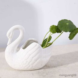 Planters Pots Home Decorations Creative White Swan Ceramic Flower Pot Multifunction Candlestick Sundries Storage Organizer Decor Ornament Gift R230621