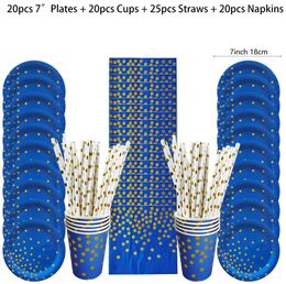 Disposable Take Out Containers 40 90Pcs Blue Dot Tableware Sets Paper Cup Plates Straw for Diy Wedding Birthday Halloween Christmas Party Decoration 230620