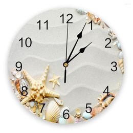 Wall Clocks Beach Sand Waves Starfish Shell Conch Living Room Clock Round Decor Home Bedroom Kitchen Decoration