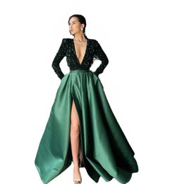 Dark Green Elegant Evening Dresses With Long Sleeve Dubai Arabic Sequins Satin Prom Gowns Party Dress Deep V-Neck High Split