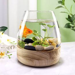 Aquariums Transparent Glass Fish Tank Circular Office Wooden Tray Small Living Room Household Ecological Goldfish 230620