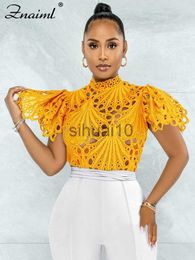 Women's Blouses Shirts Znaiml Elegant Short Sleeve Hollow Out Mesh Lace T-shirt Sheer See Through Crop Top Women Summer Sexy Nightclub Party Blouses J230621