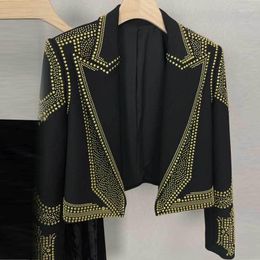 Women's Jackets 23Fashion Diamond Blazer Coat Runway Lapel Loose Short Motorcycle Jacket Temperament Women Long Sleeve High Quality Clothes