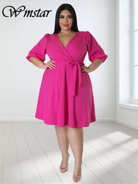 Plus size Dresses Wmstar Plus Size Dresses for Women Solid V Neck Elegant with Bandage Maxi Dress In Summer Clothes Wholesale Drop 230620