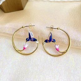 Dangle Earrings Humming Bird And Flower Hummingbird With Enamel Ear Stud