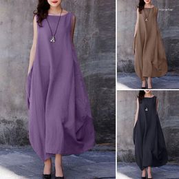 Casual Dresses Women Summer Fashion Round O Neck Sleeveless Pockets Oversize Loose Maxi Long Cotton Linen A Line Dress Solid Colour