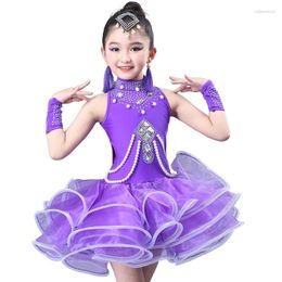 Stage Wear Kid Beaded Rhinestone Tango Salsa Latin Ballroom Dance Tulle Dresses Sequin For Girls Clothes Dancing Competition Costume