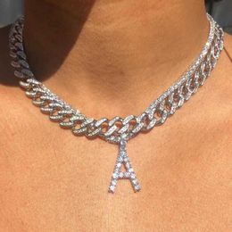 Pendant Necklaces Caraquet Ice Out a z Letter Initial Necklace Silver Colour Tennis Chain Choker Female Fashion Statement Jewellery 230613