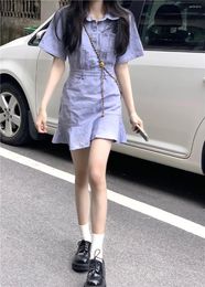 Casual Dresses French Style Purple Denim Dress For Women Summer 2023 Waistband Polo Neck Slimming A-line Sweet Short Vestidos