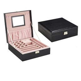 Jewelry Boxes Fashion Jewelry Box With Mirror Leather Jewel Case Double Layers Storage Box Pattern Leather Jewelry Holder For Ring 230620