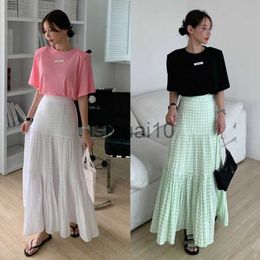 Skirts South Korea ins summer fashion temperament high waist cover meat show thin big skirt drape stitching long plaid skirt J230621