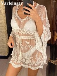 Women's Swimwear 2023 Sexy V Neck Lace Long Sleeve See Through Tunic Beach Cover Up Cover-ups Dress Wear Beachwear Female Women V4564