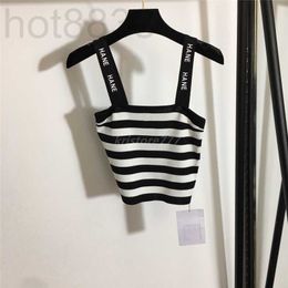 Women's T-shirt Designer Womens Summer Knit Tee Tops with Letter Print Milan Runway Cotton Striped Slash Neck Crop Top Clothing High End Sexy Pullovers Vest M1V3
