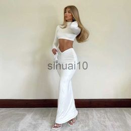 Skirts Sexy 2 Piece Set Outfits for Women Club Party Top and Dress Sets Elegant White Long Sleeve Long Ruched Matching Sets maxi skirt J230621