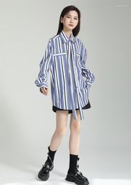 Women's Blouses Shirt Women's Design Sense Niche Vertical Stripe Mid-length Cross-tie Band Loose Slim Top