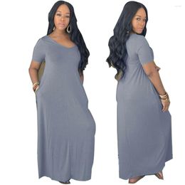 Party Dresses Casual Women Solid Color Long Maxi Dress V Neck Pocket Short Sleeve Loose Plus Size S-3XL