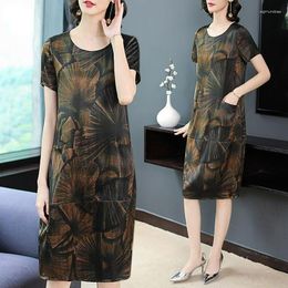 Party Dresses Middle-aged Mother Summer Natural Silk Dress Elderly Women Temperament Long Solid Printed Commuting Loose Vestidos Q120