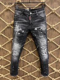 Men's Jeans D379 Perforated Diamond Embedding Elastic Wash Small Feet Tight Black Grey D Men's And Women's Pants