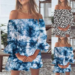 Casual Dresses Summer For Women 2023 Off Shoulder Sundress Loose Floral Print Boho Dress Bell Sleeve Blouse Mini