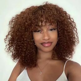 Glueless Wigs With Elastic Band With No Front Lace, Reddish brown colored afro Human Hair Curly Wigs With Bangs, Water Wave Short Wig