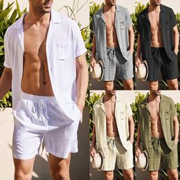 Men's Tracksuits Summer Men's 2-piece Solid Color Button Shirt Shorts Beach Clothes Breathable Casual Loose Pocket Lace-up Suit M-3XL