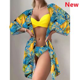 Womens Swimwear Bikini Set Women Three Pieces Swimsuit Cover Up Push Twist Print Long Sleeve Biquini Beach Bathing Suit 230620