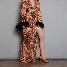 Ethnic Clothing 2023 Spring Summer Dress Bohemian Printed Long Maxi Loose Fashion Women's Split Full Sleeve Deep V Neck Sexy