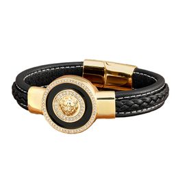 Bangle YISHUCHA Religious Winds Design Fashion Men's Retro Leather Bracelet Round Stone Classic Stainless Steel Gift For Men Jewellery 230620