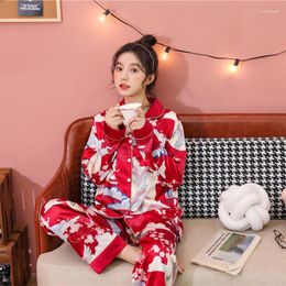 Women's Sleepwear Faux Silk 2PCS Women's Pyjamas Suit Chinese Style Print M-5XL Loose Pyjama Spring Autumn Nightwear Casual Home Wear