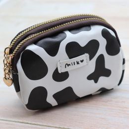 Storage Bags Cute Cow Pattern Coin Purse For Women Card Wallet Students Double Pocket Zipper Key Bag Portable Lipstick Bank