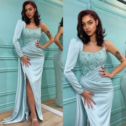 Sexy Mint Green Prom Dresses Sequins One Shoulder Evening Gowns Slit Pleats Formal Red Carpet Long Special Occasion dress