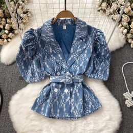 Women's Blouses Clothland Women Vintage Blue Lace Patchwork Blouse Double Breasted Belt Puff Sleeve Shirt Office Wear Chic Tops Mujer DA431