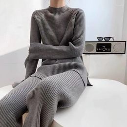 Women's Two Piece Pants Women Grey Knitted Sweater Set 2 Winter Green Knit Top Pullover Wide Leg Girl Knitwear