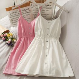 Casual Dresses Korean Fashion V-neck Summer Dress Women Single Breasted Vintage Spaghetti Strap Vestidos Elegantes Para Mujer Dropship
