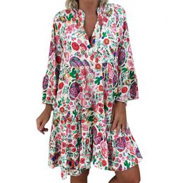 Basic Casual Dresses Summer Dress Women Flora Print Chiffon Dress Long Sleeve Boho Style Short Beach Dress Sundress Casual Shift Dresses 230620