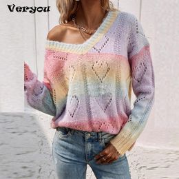 Women's T-Shirt Hollow Out V Neck Pullover Tie Dye Rainbow Jumper Knitwear Vintage Boho Sweater Women Clothing Colorful Tops 230620
