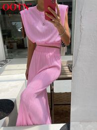 Two Piece Dress OOTN Pleated Elegant Skirt Sets O-Neck Shoulder Pads Tank Top Summer Outfit Elastic Waist Trumpet Long Skirts Women Suits Street 230620