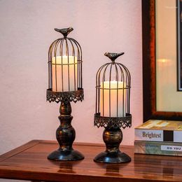 Candle Holders Lantern Holder Retro Bird Cage Handmade Round Hollow Wrought Iron Vintage Metal Wedding Candlestick Florero