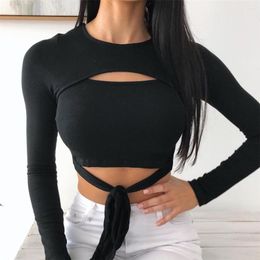 Women's Blouses Women Solid Color Blouse Pullover Long Sleeve Round Neck Hollow Out Bandage Crop Top Sexy Lace-up Club Party Wear Autumn