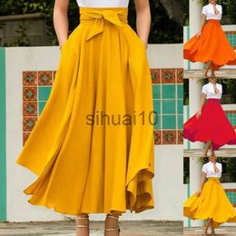 Skirts Women Solid Color Red Brief Pleated High Waist Flared Pleated Long Maxi Skirt Full Length J230621