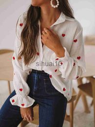 Women's Blouses Shirts Turn Down Collar Blouses Woman Fashion 2022 Elegant Summer Button-Down Shirt Women Long Puff Sleeve Red Print White Tops Ladies J230621